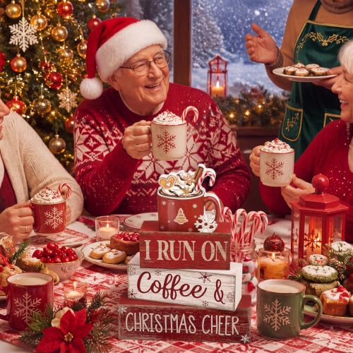 4 Pcs Christmas Coffee Table Decor Hot Chocolate Cocoa Wooden Stacked Sign Rustic Christmas Tiered Tray Decor Cocoa Centerpiece Block Signs Gift Xmas Decoration for Home Coffee Bar Kitchen (I Run on Coffee & Christmas Cheer)