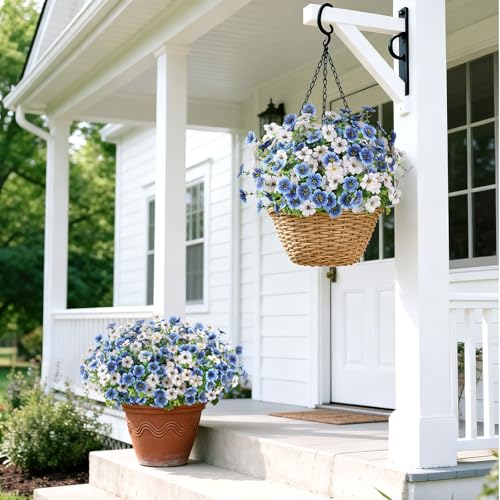 16PCS UV Resistant Artificial Flowers for Outdoors (White+blue / 16PCS)