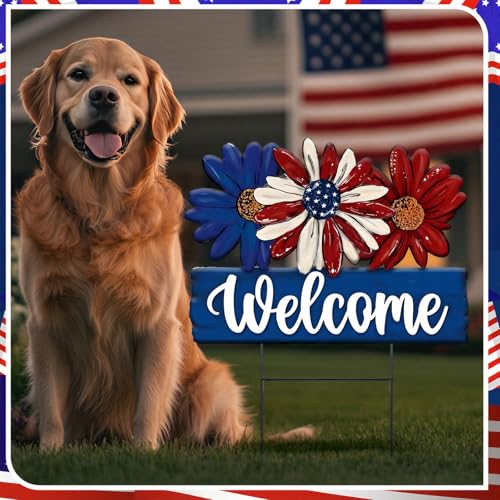 1 Pcs Patriotic 4th of July Outdoor Decor Daisy Metal Garden Stakes Memorial Day Welcome Yard Signs Decorations Garden Stakes for 250th Anniversary Patio Lawn Walkway Outside (4th of July Flower)