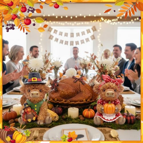 2 Pcs Fall Thanksgiving Highland Cow Resin Turkey Cow Figurines (5 Inch / Turkey Pumpkin Highland Cow)