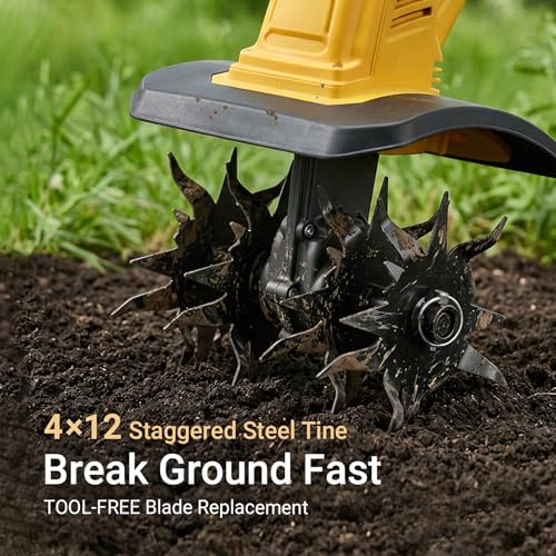 Battery Powered Garden Tiller Compatible with DeWalt 20V Battery (Yellow-No Battery)