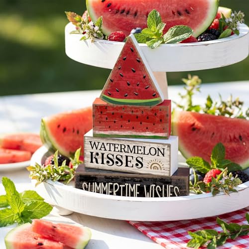 4 Pcs Summer Table Decor Wooden Watermelon Tiered Tray Decor (Watermelon)