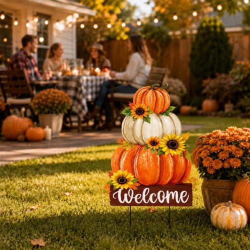 Fall Decorations Outdoor Metal Yard Sign Pumpkin Garden Stakes (Fall Pumpkin With Sunflowers)