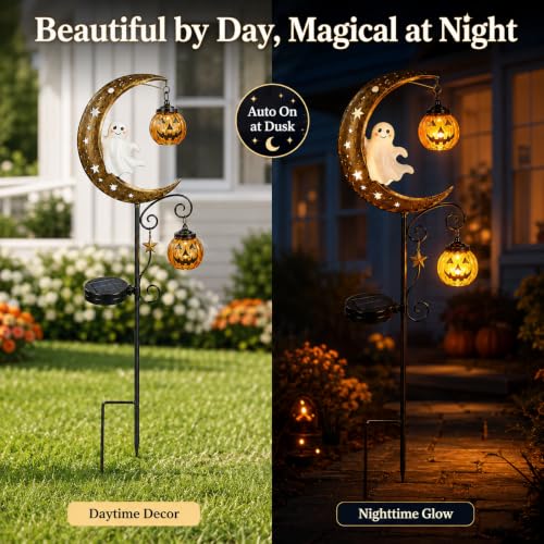 Solar Halloween Ghost & Pumpkin Moon Garden Stake Light (Ghost)