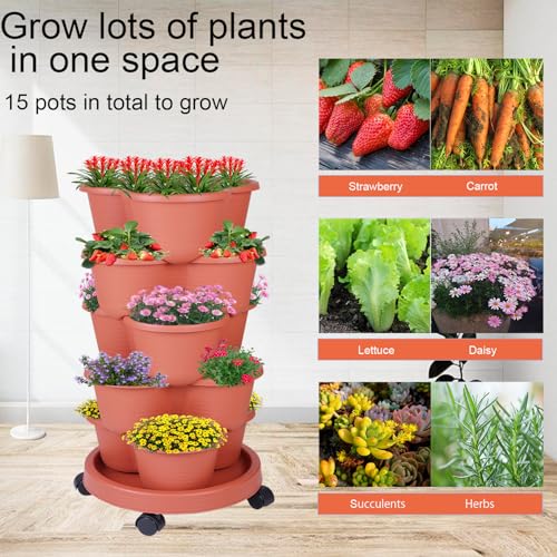 5 Tier Vertical Garden Tower Stackable Planter for Strawberries (Brown / 2 Pack)