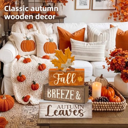 4 Pcs Wooden Fall Block Signs Farmhouse Tabletop Decor (Harvest Decoration)