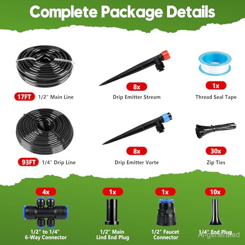 110FT Drip Irrigation System Kit (17FT Main tube+ 93FT 1/4'' tube)