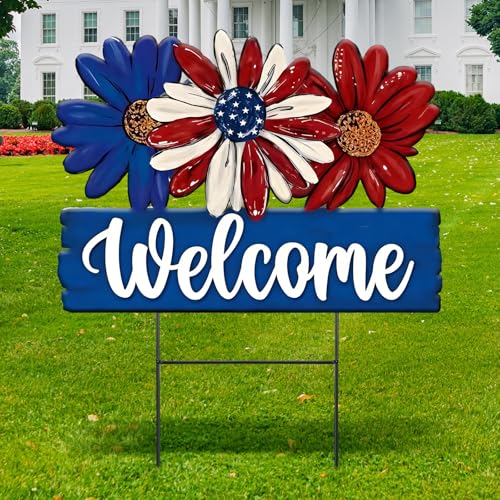 1 Pcs Patriotic 4th of July Outdoor Decor Daisy Metal Garden Stakes Memorial Day Welcome Yard Signs Decorations Garden Stakes for 250th Anniversary Patio Lawn Walkway Outside (4th of July Flower)