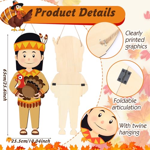 4 Pcs Thanksgiving Pilgrim Decoration Outdoor Fall Pilgrim Boy and Girl Hanging Signs for Indian 25 x 10 Inch Wooden Thanksgiving Signs Hanger for Porch Front Door Wall Home Outside Party