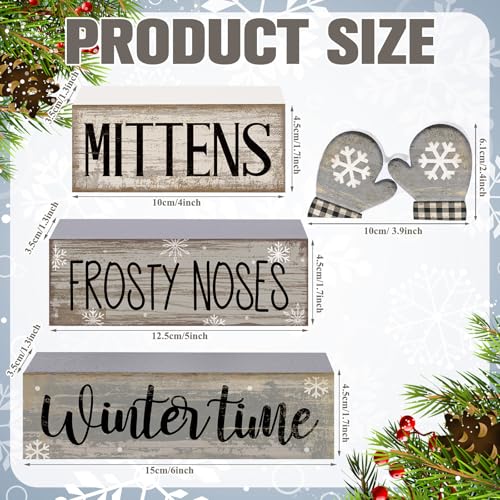 4 Pcs Winter Table Decorations Wooden Mittens Decor Winter Tiered Tray Decor Rustic Snowflake Mittens Block Signs Gift Farmhouse Christmas Centerpiece for Wonderland Party Kitchen Home (Snowflake Gloves)