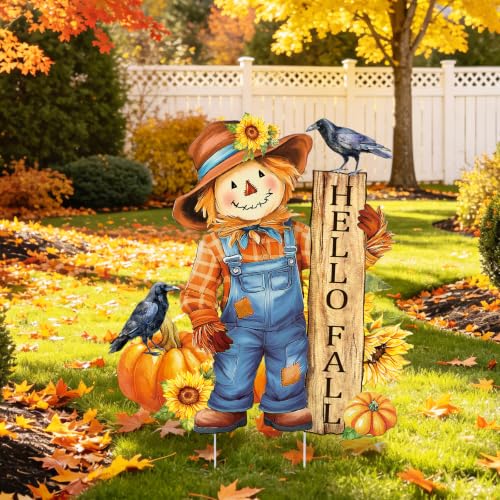 Fall Yard Sign Scarecrow Pumpkin Flower Metal Garden Stakes Hello Fall Lawn Ornaments Seasonal Harvest Decoration for Autumn Thanksgiving Outdoor Porch Patio Garden