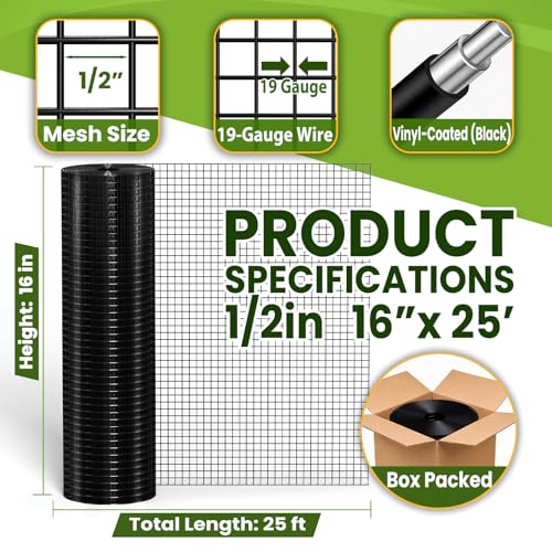 1 2in 16in x 25ft Black PVC Hardware Cloth 19 Gauge Gutter Guard Mesh Roll (1/2inch 16"x25')