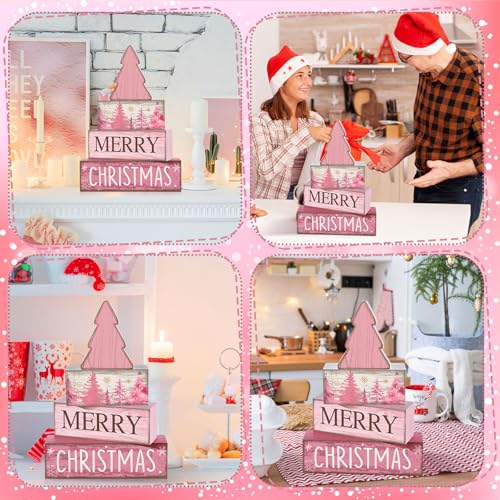 4 Pcs Wooden Merry Christmas Block Signs Pink Farmhouse Decor (Pink Christmas)