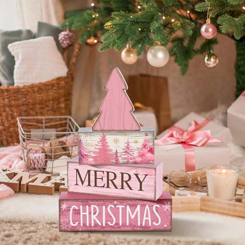4 Pcs Wooden Merry Christmas Block Signs Pink Farmhouse Decor (Pink Christmas)