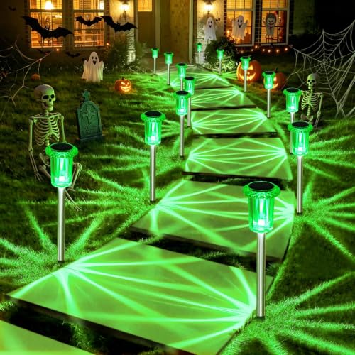 Solar Halloween Lights Outdoor Waterproof 10 Pack Halloween Decor (Green 10Pack)