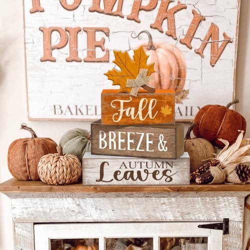 4 Pcs Wooden Fall Block Signs Farmhouse Tabletop Decor (Harvest Decoration)