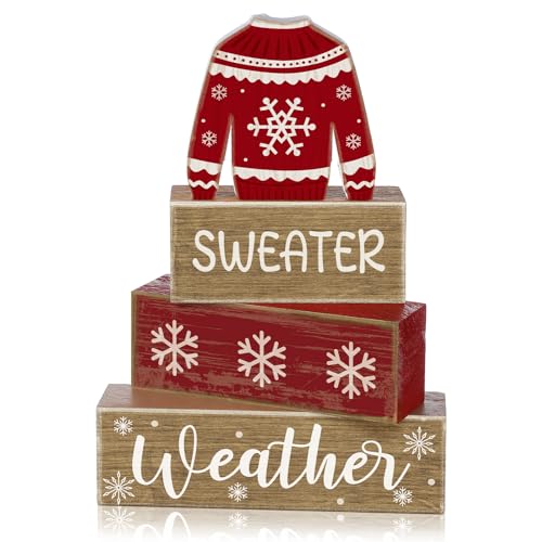 4 Pcs Christmas Table Decoration Wooden Block Signs Sweater (Christmas Sweate)