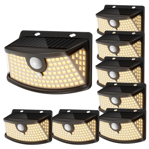 Solar Motion Sensor Lights Outdoor 120 LEDs (Black-Warm / 8 Pack)