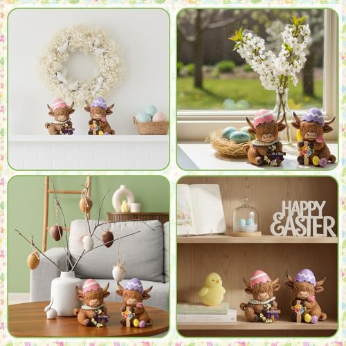 2 Pack Easter Highland Cow Figurines (4 Inch / Easter Highland Cow)