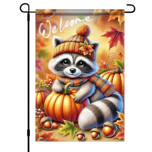 Fall Garden Flag 12x18 Inch Cute Raccoon Pumpkin Welcome Decor (Cute Raccoon)