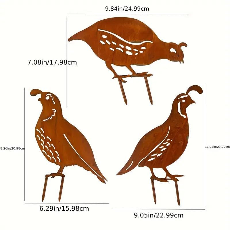 3 Pack Rusty Quail Family Decorative Garden Stakes (Brown)