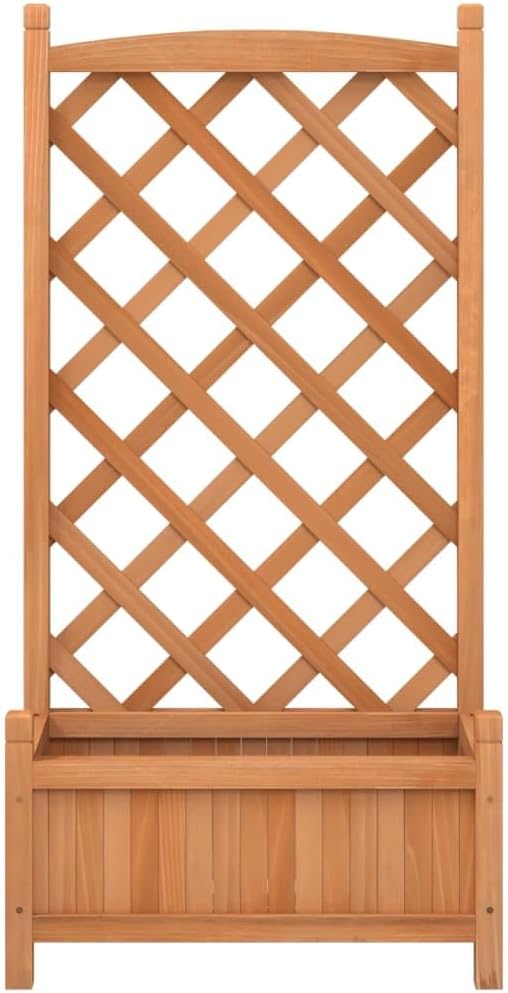 Solid Fir Wood Raised Planter Box with Trellis Brown Rectangular for Outdoor Garden Patio Balcony – Sturdy Natural Finish Medium Size 11.6x21.7x43.3 Inches
