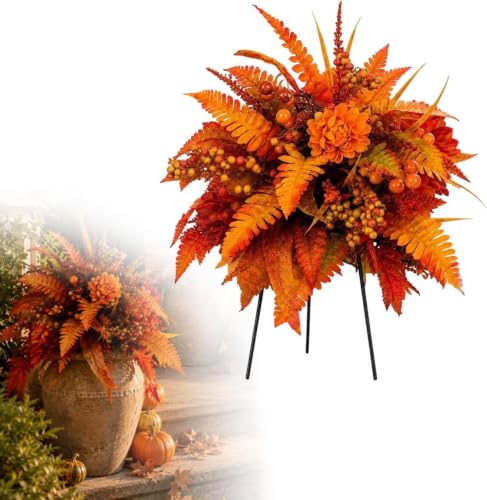 Autumn Harvest Floral Garden Stake Arrangement 2PCS Artificial Fall Flowers (Orange-1pc)