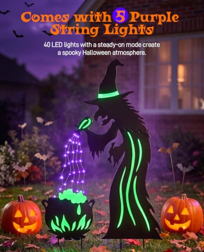2 Pack Metal Witch Halloween Decorations Outdoor (Black & Green)