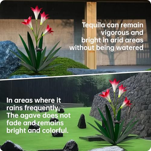 Solar Metal Agave Lily Flower Garden Sculpture with LED Lights 30.3 Inch Waterproof Outdoor (GRASS GREEN)