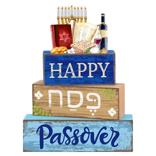 4 Pcs Wooden Passover Block Signs Farmhouse Tiered Tray Decor (Passover)