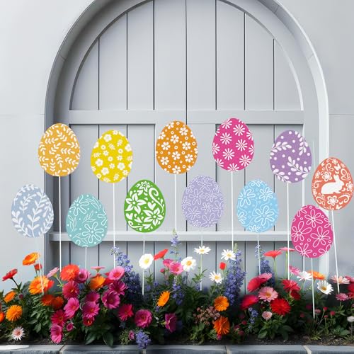 12 Pcs Colorful Easter Eggs Yard Signs with Stakes (Easter Eggs)