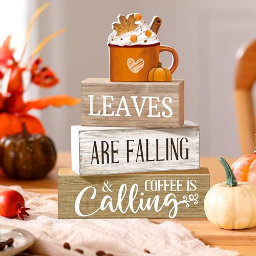 4 Pcs Fall Coffee Table Decor Wooden Pumpkin Latte Block Signs (Coffee)