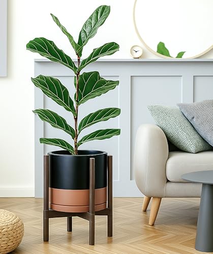Ceramic Pot with Walnut Wood Stand (12 Inch / Black/Speckled Tan Pot + Walnut Color Stand)