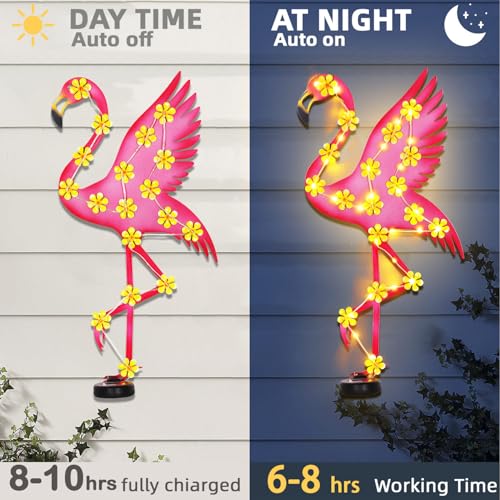 2 Pack 23.2" Metal Flamingo Outdoor Wall Decor with 30 Led Solar Lights (Pink-flamingo-2pack)