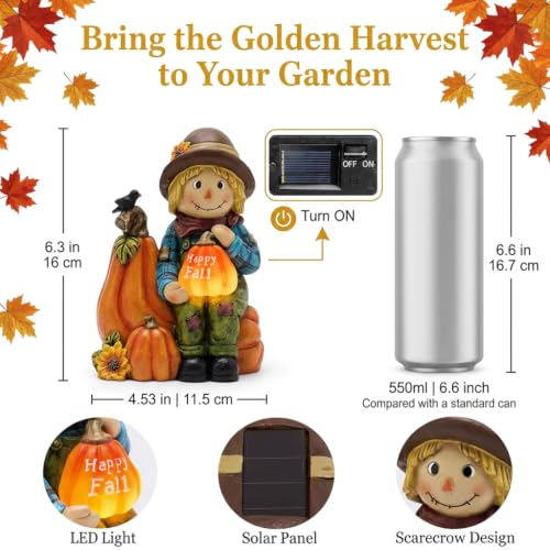 Fall Outdoor Decor Scarecrow Pumpkin Solar Statue 6.3" (Medium)