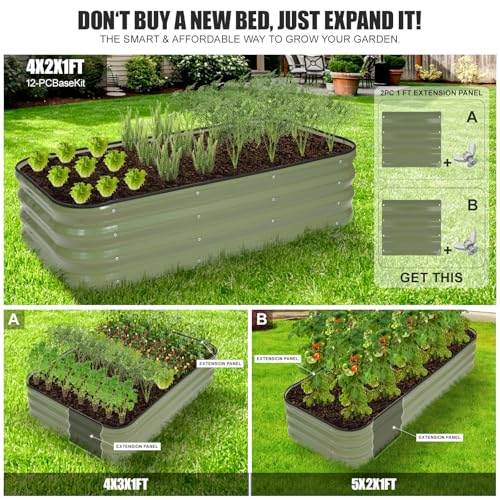 3-in-1 Modular Raised Garden Bed Kit - Adjustable Sizes (4x2x1ft, 3x3x1ft, 5x1x1ft) - Heavy-Duty Galvanized Steel Planter Box with Bracing Rods & Gloves for Vegetables, Fruits, Flowers (Green / 4×2×1FT)