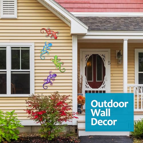 4 Pcs Metal Gecko Outdoor Wall Art Hanging Sculpture Decorations (Colorful-a)