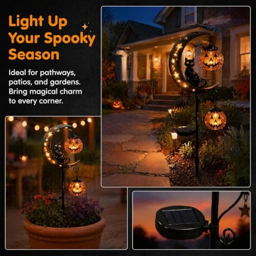 Solar Halloween Black Cat & Pumpkin Moon Garden Stake Light (A)