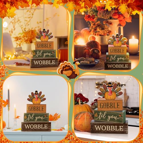 4 Pcs Fall Table Decor Thanksgiving Turkey Wooden Block Signs (Turkey)