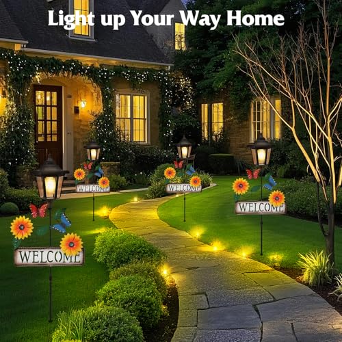 2 Pack Solar Garden Lights Butterfly with Welcome Sign (Yellow Flower)