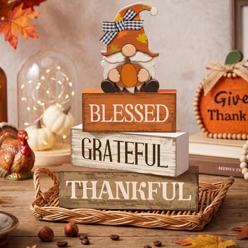 4 Pcs Fall Gnome Block Signs Thanksgiving Tiered Tray Decor (Blessed Gnome)