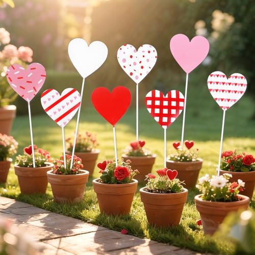8 Pcs Valentine Yard Stakes Outdoor Metal Heart Valentines Yard Sign (Pink)