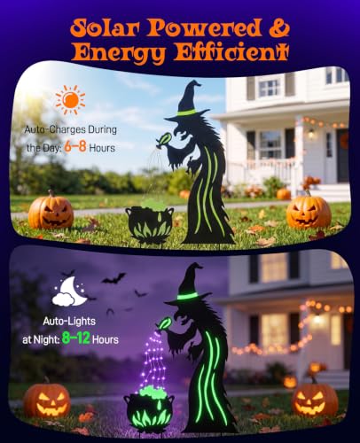 2 Pack Metal Witch Halloween Decorations Outdoor (Black & Green)