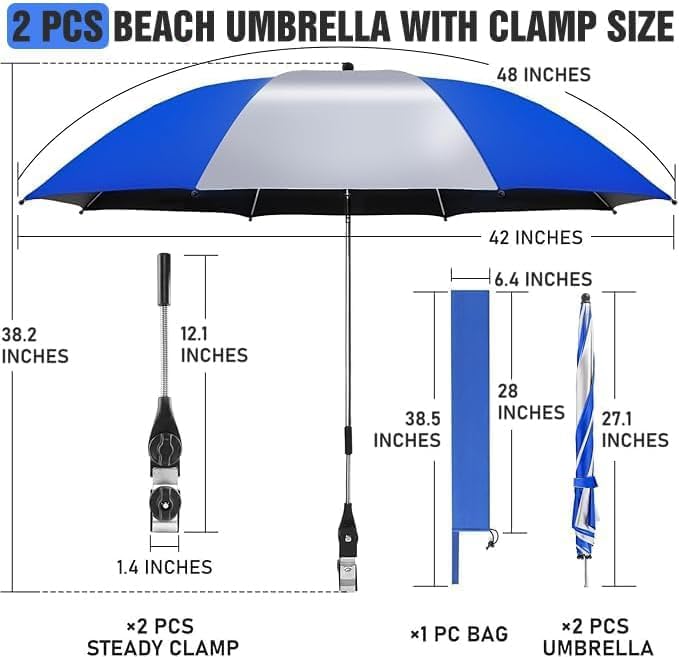 2 Pack Beach Umbrella with 360 Universal Clamp, UPF50+ Umbrella Outdoor Patio Sun Protection for Chairs, Beach &Patio Use (Not Include Chair)