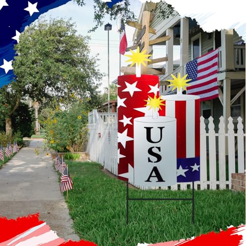 4th of July Outdoor Decor Patriotic Garden Stake 250th Anniversary Metal USA Firecracker Welcome Yard Sign (Patriotic Candle)