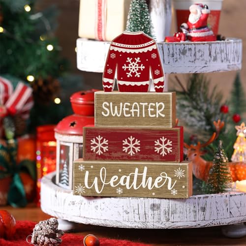 4 Pcs Christmas Table Decoration Wooden Block Signs Sweater (Christmas Sweate)