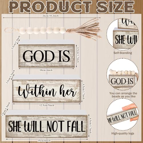 4 Pcs Wooden Blocks God Is Within Her Farmhouse Decor (God is Within Her She Will Not Fall)