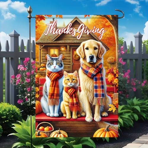 Thanksgiving Dog and Cat Garden Flag 12x18 Inch Fall Yard Decor (Cat and Dog)