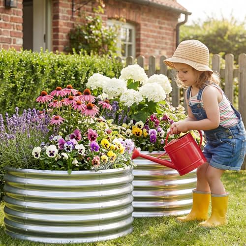 2 Pack 2x2x1.5ft Round Galvanized Raised Garden Bed Outdoor Metal Planter Box for Vegetables Steel Raised Beds for Gardening Silver (Silver / 2x2x1.5ft (2PCS))
