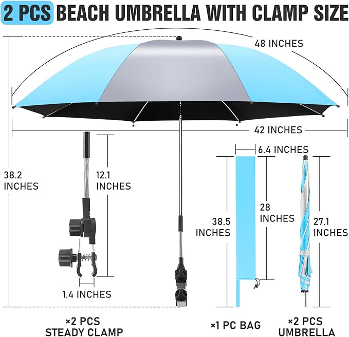 2 Pack Beach Umbrella with 360 Universal Clamp, UPF50+ Umbrella Outdoor Patio Sun Protection for Chairs, Beach &Patio Use (Not Include Chair)